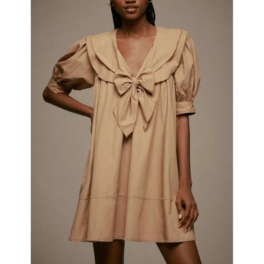 Pilcro Anthropologie Neutral Tan Bow-Front Tunic Mini Dress Small NWT